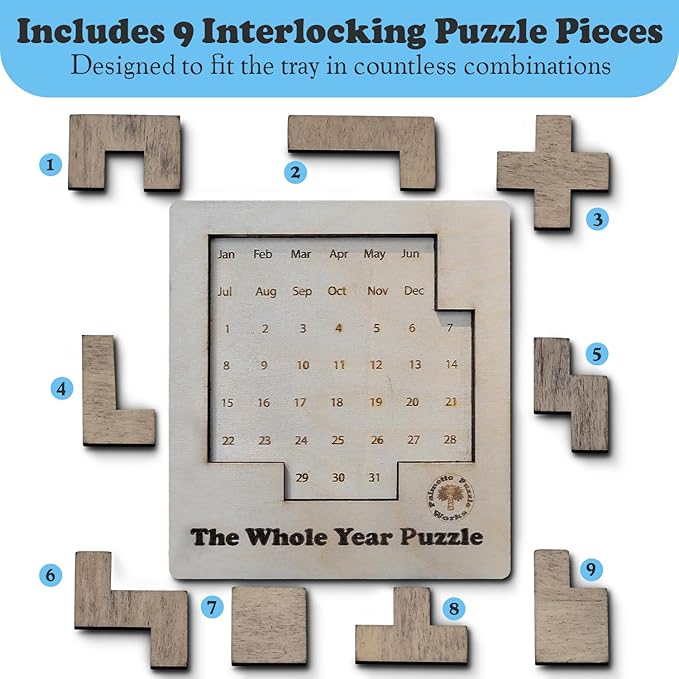 Palmetto Puzzle Works The Whole Year Puzzle – Wooden Puzzles for Teen' & Adults, Educational Games for Families & Gift Ideas for Classroom Games, Shape & Pattern Calendar Brain Teaser for Ages 14+