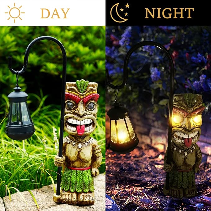 16.7" H Tiki Decor Garden Statue,Large Lantern Tiki Figurine with Solar Lights,Hawaiian Tiki Man Outdoor Patio Yard Lawn Bar Party Beach Pool Pond Halloween Christmas Decoration Ornament Gifts