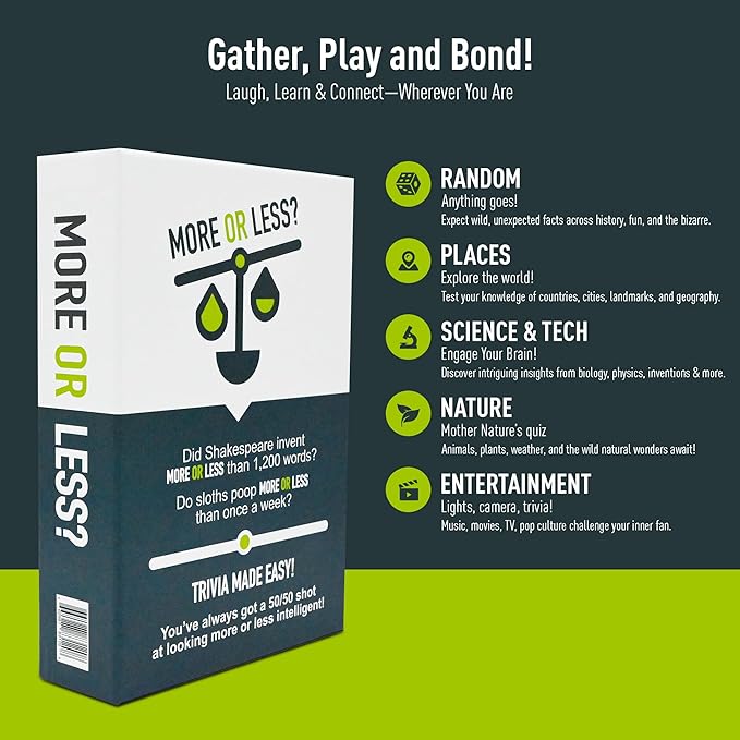 More Or Less? Trivia Card Game - Compact & Fun - Ideal for Travel, Families, Game Nights 5 Trivia Categories: Random, Places, Science & Tech, Nature and Entertainment