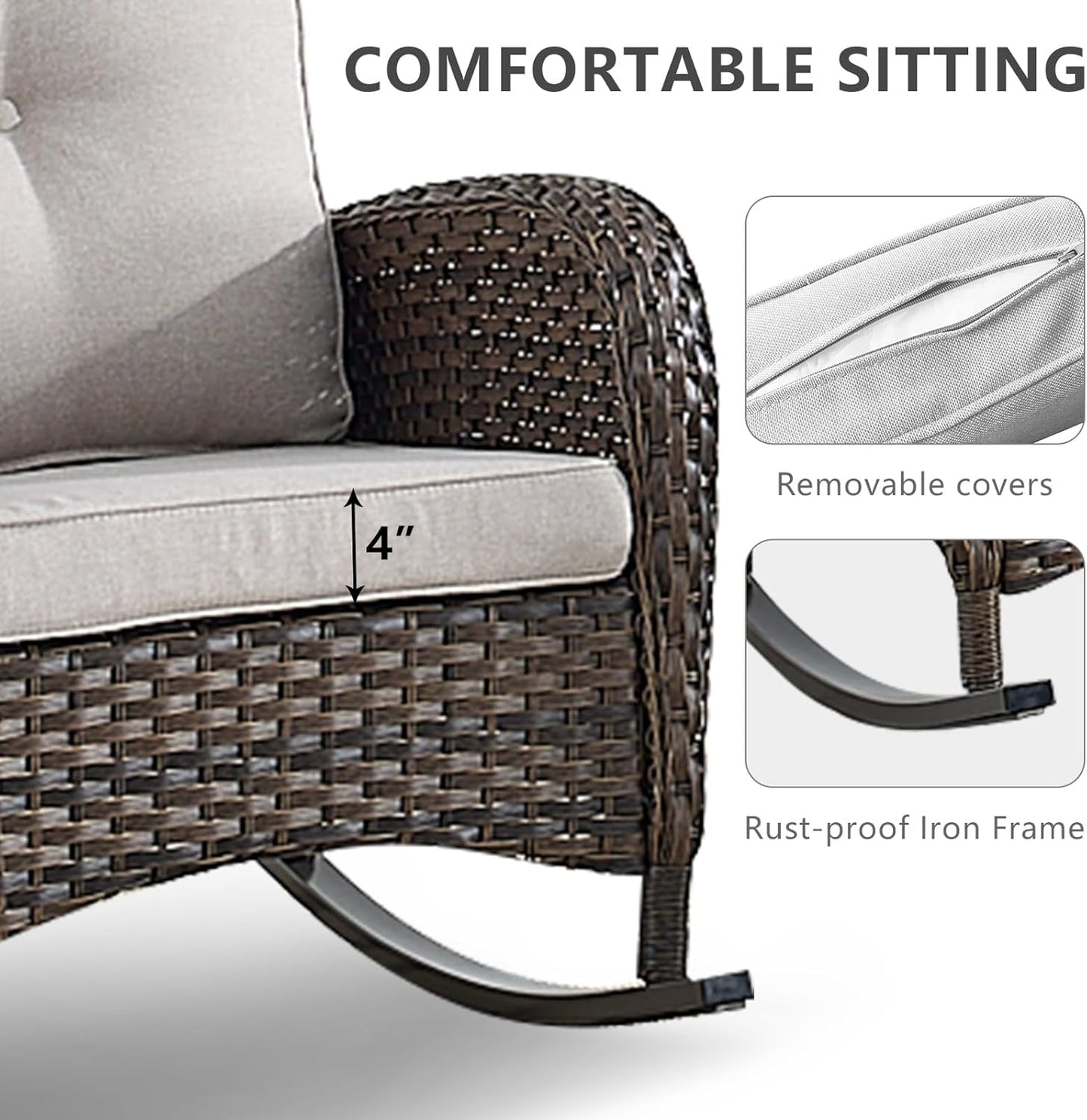 HUMMUH 5-Piece Outdoor Patio Furniture PE Wicker Patio Conversation Set,All-Weather Outdoor Rocking Chairs with Patio Couch Tables for Backyard,Poolside,Deck