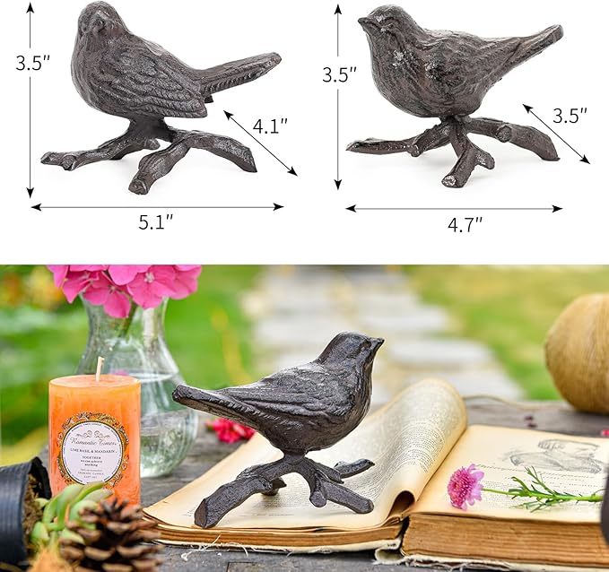 Sungmor Cast Iron Small Bird Statues, Set of 2 Realistic Rust Brown Bird with Branch Collectible Figurines, Farmhouse Home Garden Decorative Sculpture, Indoor and Outdoor Ornaments