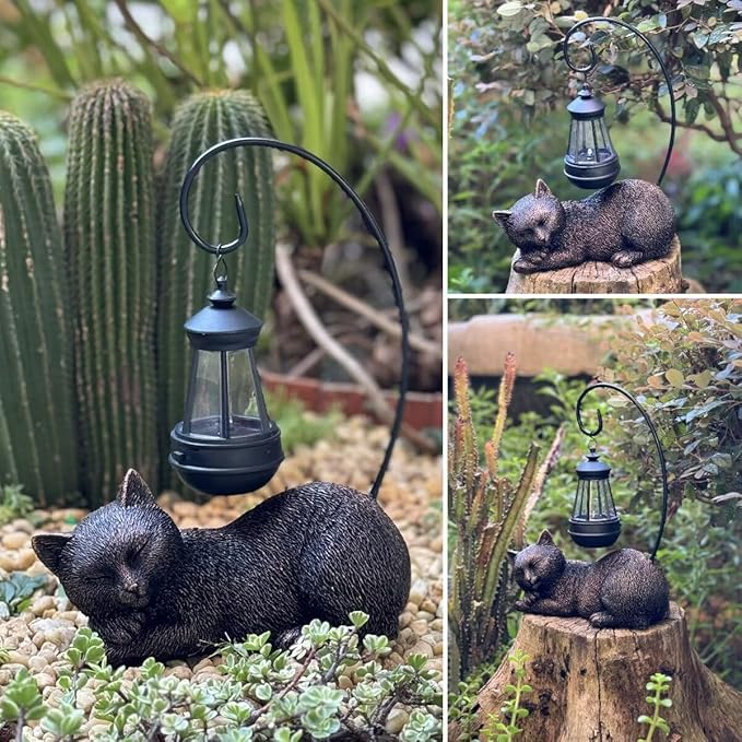 Solar Garden Statue Cat Figurine with Solar Light- Cat Statues Garden Art with Solar Lantern, Loving Cat for Patio,Balcony,Yard, Lawn, Porch-Unique Housewarming Gift for Garden Mom Grandma