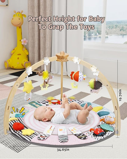 Baby Play Mat Activity Gym,6 Developmental Zones Tummy Time Mat, Wooden Baby Play Gym with 7 Detachable Sensory Toys for Newborn Brain Development, Essential Baby Shower Set, Pink