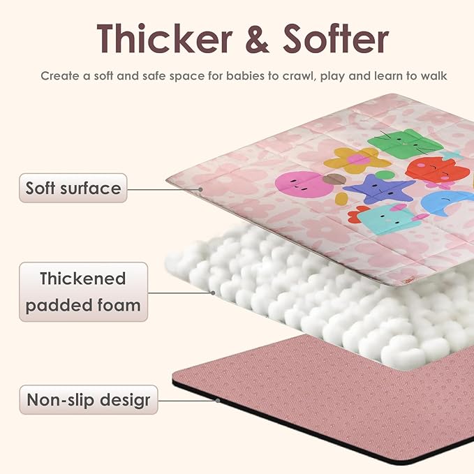 Baby Play Mat, Foldable Play Mats for Floor, 50x50 Inches Crawling Mat for Playpen with Anti-Slip Bottom, Machine Washable, Thicken Padding Foam Playmats for Babies and Toddlers (Pink Floral)