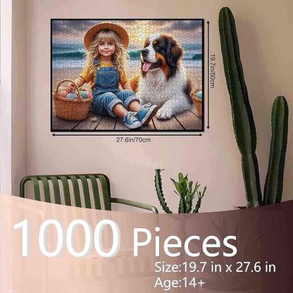 Girl and Dog 1000 Piece Jigsaw Puzzle for Adults, Sunset Beach Ocean Coastal Artwork Puzzles, Family Game Nights Activities, Home Wall Decor DIY Craft Gift and Fun Challenge Puzzle 27x20 Inch