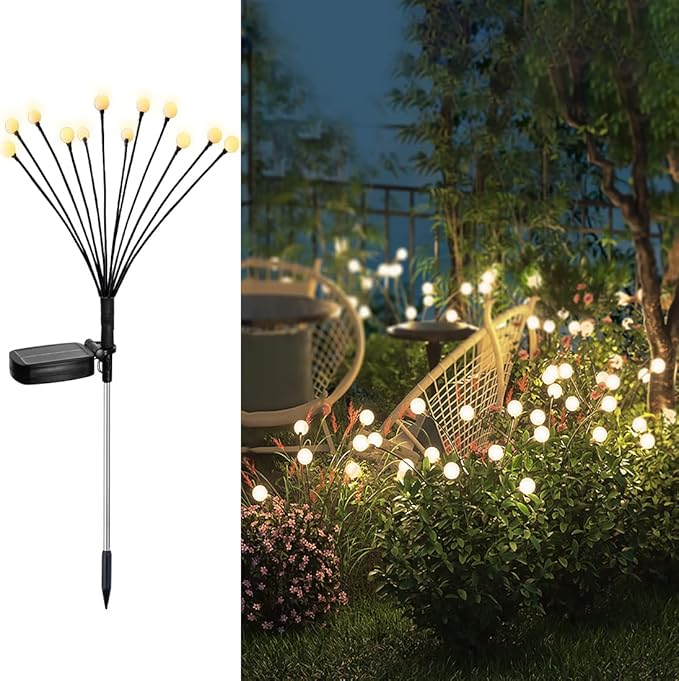 Solar Garden Lights - 4 Pack 48 LED Firefly Lights with 2 Lighting Modes, Sway by Wind, Waterproof Outdoor Decoration, Warm White