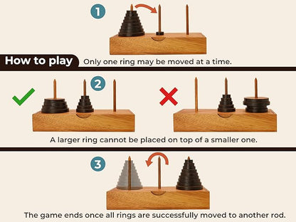 BSIRI Fun Puzzle Board Games Gifts of Hanoi Tower (9 Rings) with Wooden Designs for Brain Teasers Logic Games Kids and Adults to Challenges Mastermind Game and Think for Fun Learning Tower Puzzles