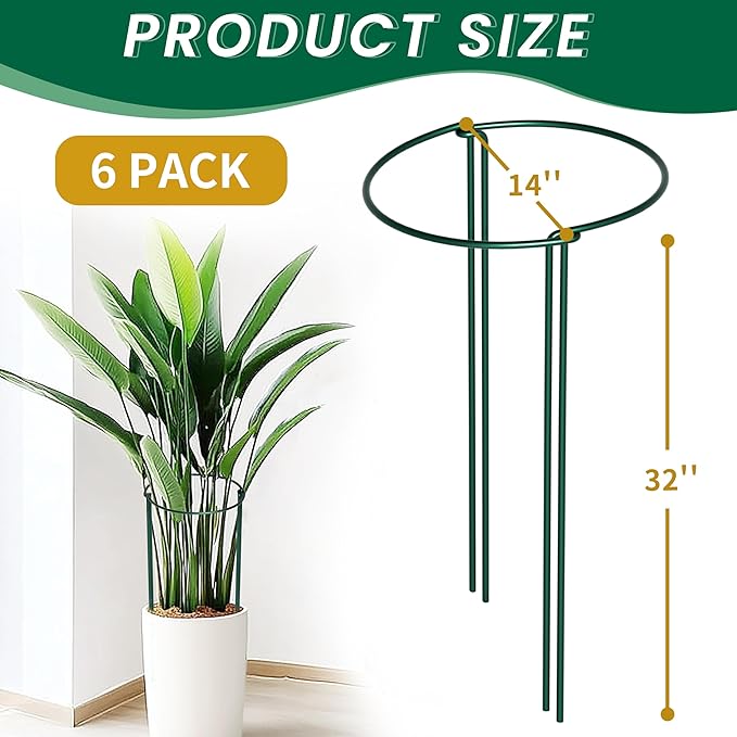 TCBWFY 14" Dx32 H Plant Supports Stakes for Large Heavy Plants,6 Pack Peony Supports,Heavy Duty 5mm Wire Peony Cages,Interlock Garden Supports Ring Border Support,Plant Support Cage for Rose Flower
