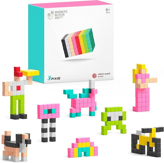 PIXIO - Tiny Magnetic Blocks Building Toy in Pixel Art Style with Free App - 5/16" Plastic Cubes with 6 Magnets Inside - Open Ended Toy - Ages 6+