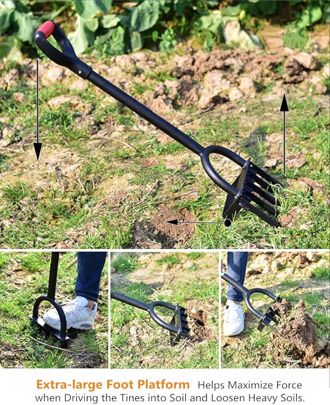 5-Tine Heavy Duty Pitch Fork for Gardening - Long Handled Digging Fork Garden Claw Weeder