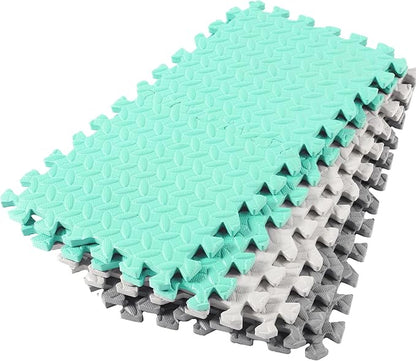 Shihanee Foam Floor Baby Tiles Foam Floor Mats Play Mats Bulk with Borders Interlocking for Kids Baby Playroom Nursery Gym (White, Gray, Green,64ft)