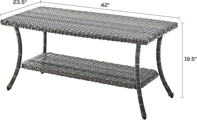 Patio Tables Outdoor Coffee Table - Wicker Rattan Coffee Tables with 2-Tier Storage Shelf Side Table for Porch Deck Balcony Garden Outside Rectangle Mixed Grey