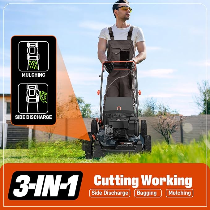 SENIX Gas Lawn Mower, 22" Self Propelled Gas Powered Lawnmower with 163cc B&S 4-Cycle Engine, 3-in-1 Walk-Behind Push Lawn Mower, 6-Position Height Adjustment