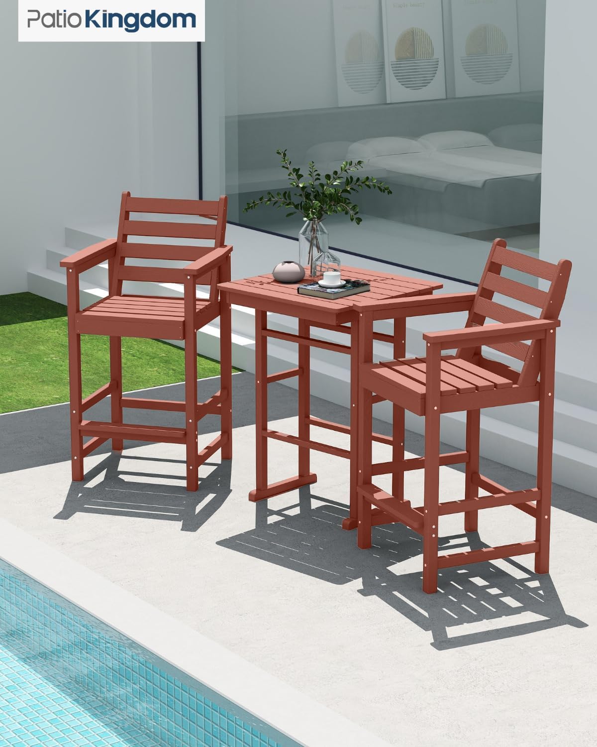 3-Piece Outdoor Bar Set with Beige 9FT Patio Umbrella, HDPE Tall Balcony Adirondack Chairs and Table, All-Weather Outdoor Bar Stools for Patio (Terracotta)