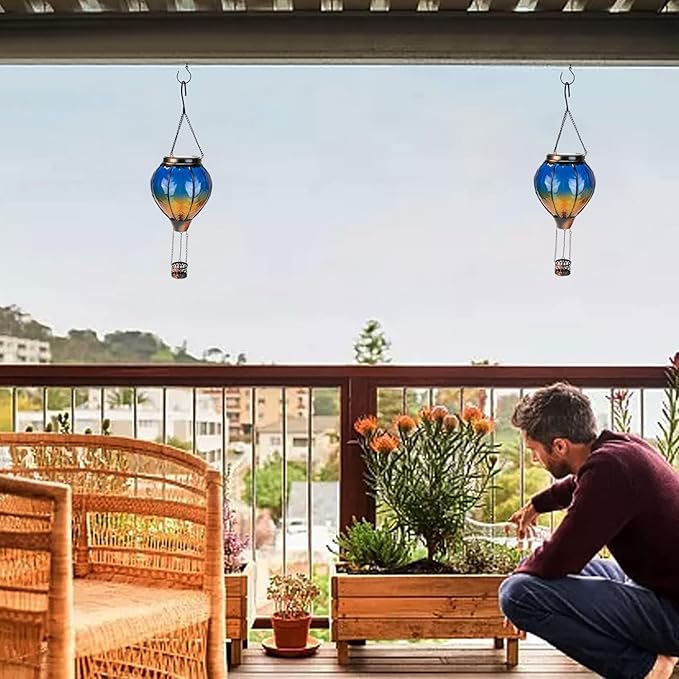 pearlstar Hot Air Balloon Solar Lantern with Flickering Flame Light, Outdoor Solar Hanging Lights Waterproof for Garden Yard Patio Farmhouse Decoration,Stained Glass Blue