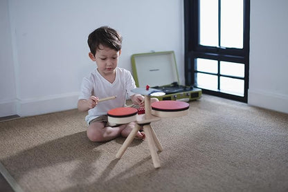 PlanToys Musical Band Toddler Drum Set Sustainably-Made with 2 Different-Sized Drums, Pair of Rubber-Coated Drumsticks, Cymbal, and Guiro to Explore Creativity