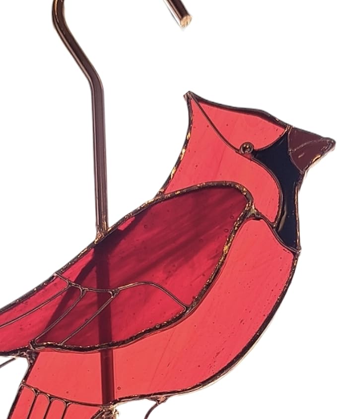 Stained Glass Hanging Plant Hook - Red Cardinal Sun Catcher with Copper S Hooks Top and Bottom for Indoor and Outdoor Use