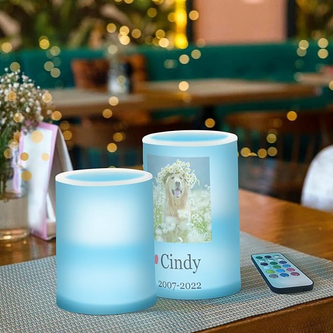Vdsrup Flameless Candles Set of 2 Memorial Pet LED Candles with Timer Battery Operated Customize Candle Lights Flickering with Remote for Home Bedroom Decor