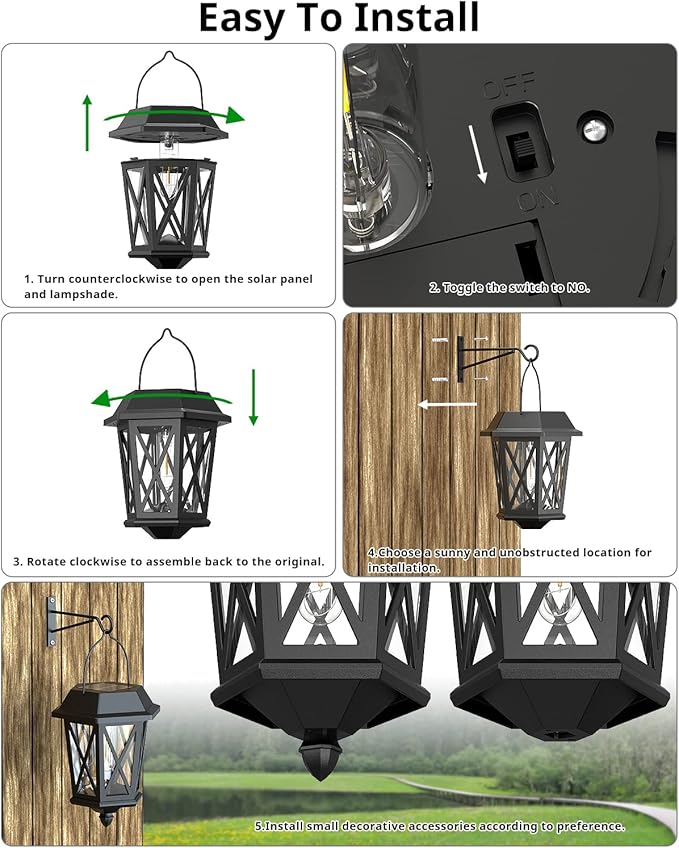 Solar Lanterns Outdoor Waterproof, Hanging Solar Lights with Glass Shade - 2 Pack LED Metal Wall Mount Outdoor Light for Yard/Garden/Patio - Black