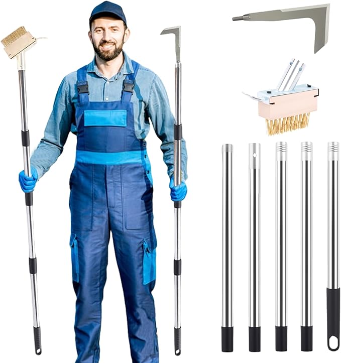 Long Handle Crack Weeder Tool Set with Adjustable 63 inch Handle, 2-in-1 Stainless Steel Crevice Weeding Tool & Brush for Weed and Moss Removal from Patios, Driveways, Sidewalk Cracks
