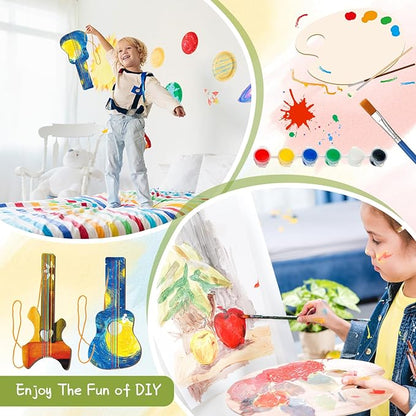 Syhood 48 Pcs/24 Sets DIY Guitar Kit for Kids Guitar Wooden Guitars Paint Bulk Music Party Favor Music Arts Crafts for Kid Boy Girl Halloween Christmas Supplies, 6 Difference Designs