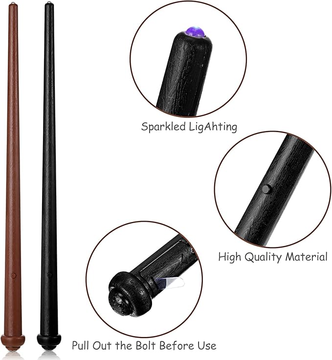 Sumind 4 Pieces Light up Wand Magic Light and Sound Wizard Wands, Illuminating Witch Wand, Costume Accessory for Halloween Cosplay Birthday Party Favors(Black, Dark Brown)