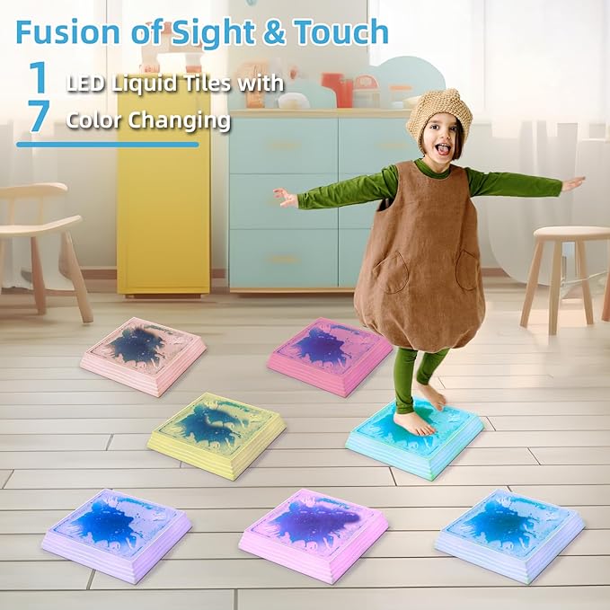 Art3d 12×12 Inch Sensory Interactive Liquid Motion Tiles for Toddlers Kids & Adult - Touch Sensitive 7 Color Changing Flooring Tile for Home Décor, Indoor & Outdoor Activities, 3-Pack