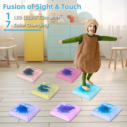 Art3d 12×12 Inch Sensory Interactive Liquid Motion Tiles for Toddlers Kids & Adult - Touch Sensitive 7 Color Changing Flooring Tile for Home Décor, Indoor & Outdoor Activities, 3-Pack