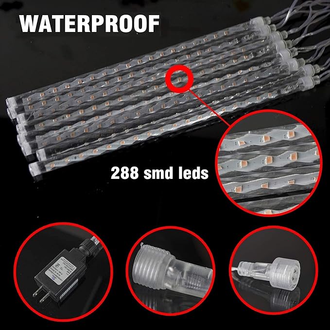 TW SHINE Christmas Lights Outdoor, 288 LED 12" 8 Tubes Meteor Shower Lights Outdoor Christmas Decorations Plug in, Waterproof Snow Falling Rain Icicle Xmas Lights for Tree Decor, Blue