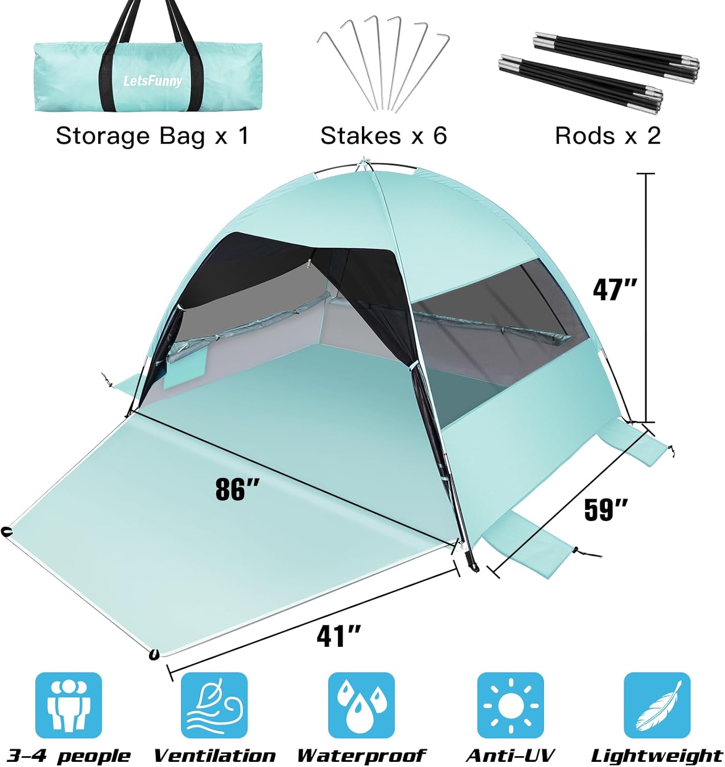 Large Easy Setup Beach Tent,Anti-UV Beach Shade Beach Canopy Tent Sun Shade with Extended Floor & 3 Mesh Roll Up Windows Fits 3-4 Person,Portable Shade Tent for Outdoor Camping Fishing (Mint Green)