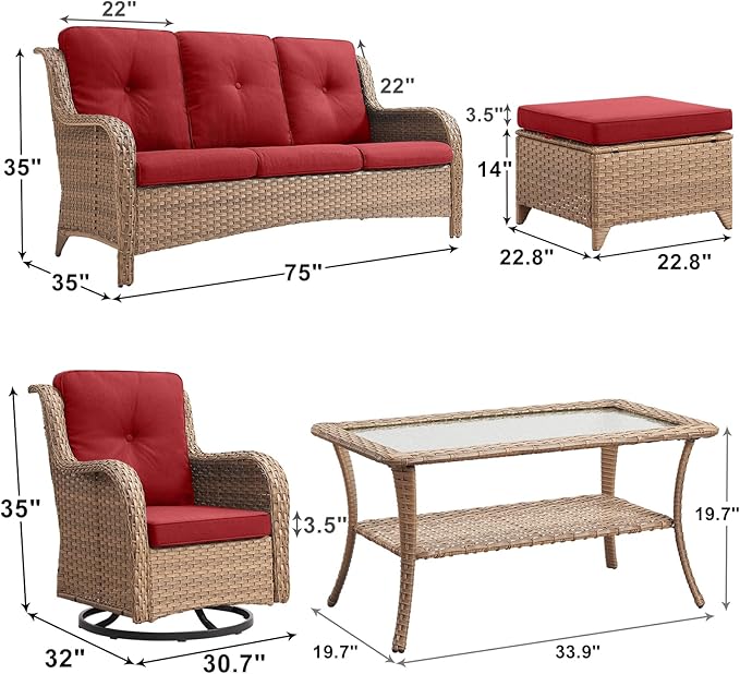 Outdoor Wicker Patio Furniture Set - 6 Piece Rattan Patio Conversation Set with 2 Rocking Swivel Chairs,2 Ottomans,1 Sofa and 1 Coffee Table for Porch Deck Backyard Garden(Yellow/Red)