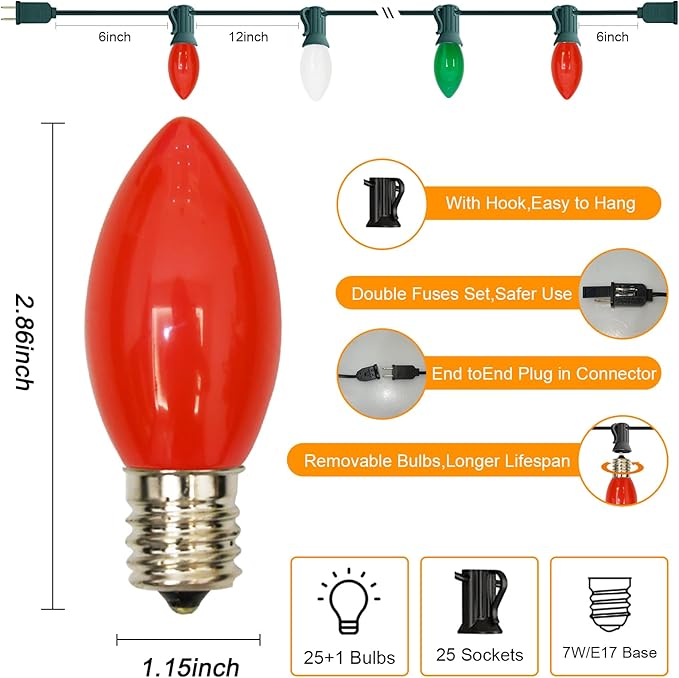 25Ft Red, White, and Green C9 Outdoor Christmas Lights with 26 Incandescent Bulbs (1 Spare), Extendable C9 Christmas String Lights for Tree, Roofline