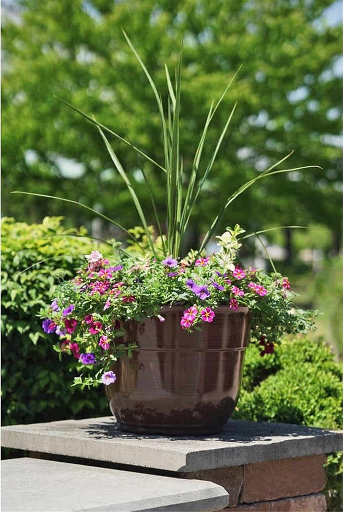 Garden Elements Indoor/Outdoor Glazed Brushed Happy Plastic Planter, Large, Dark Brown, 15"