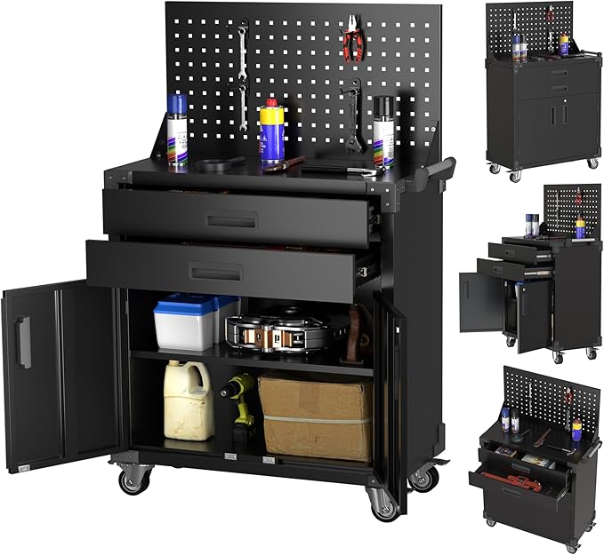 Tool Chest, Tool Cart with 2 Drawer and Lockable Doors, Garage Storage Cabinet with Wheels, Pegboard and 4 Hooks for Garage, Workshop, Metal Tool Storage Cart