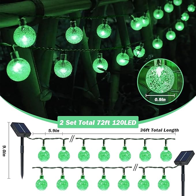 Solar Lights Outdoor Waterproof, 2 Pack Total 120LED 72FT Solar String Lights for Outside w/ 8 Modes, Outdoor String Lights Crystal Globe Patio Lights for Garden Yard Party Decor (Green)