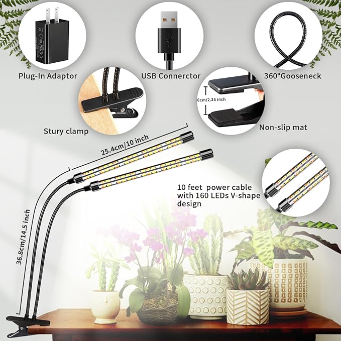 2 Heads Clip Grow Light with V-Shaped Design, Full Spectrum Grow Lights for Indoor Plants, Adjustable 360° Gooseneck Grow Lamp, 3/9/12H Timer & 10 Dimming Levels for Seed Starting