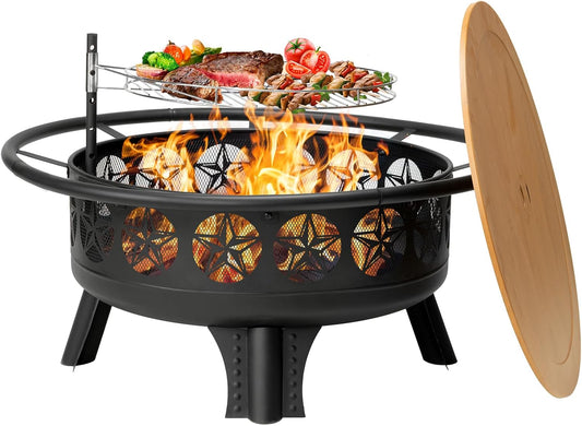 38” Wood Burning Fire Pits for Outside,3-in-1 Fire Pit with Grill, Spark Screen & Fire Poker,Outdoor Firepit Table with Swivel Cooking Grate for Yard BBQ Bonfire Patio Camping (38 inch)
