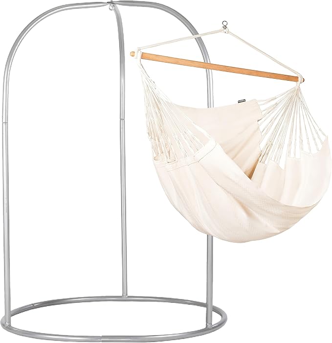 LA SIESTA - XL King Habana Cotton Hammock & Romano Steel Stand - Indoor Outdoor Hanging Chair Swing for Bedroom Porch Balcony - Boho Hanging Chair - Latte