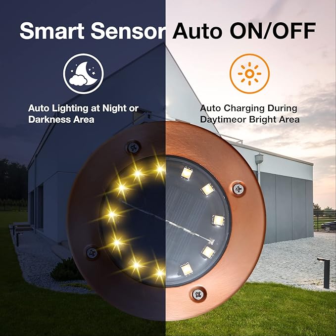 Outdoor In-Ground Lights Solar Disc Lights Outdoor Solar Garden Lights In Ground Solar Landscape Light 8 Pack 12 led for Pathway Yard Patio Walkway(Bronze, 8 Pack)