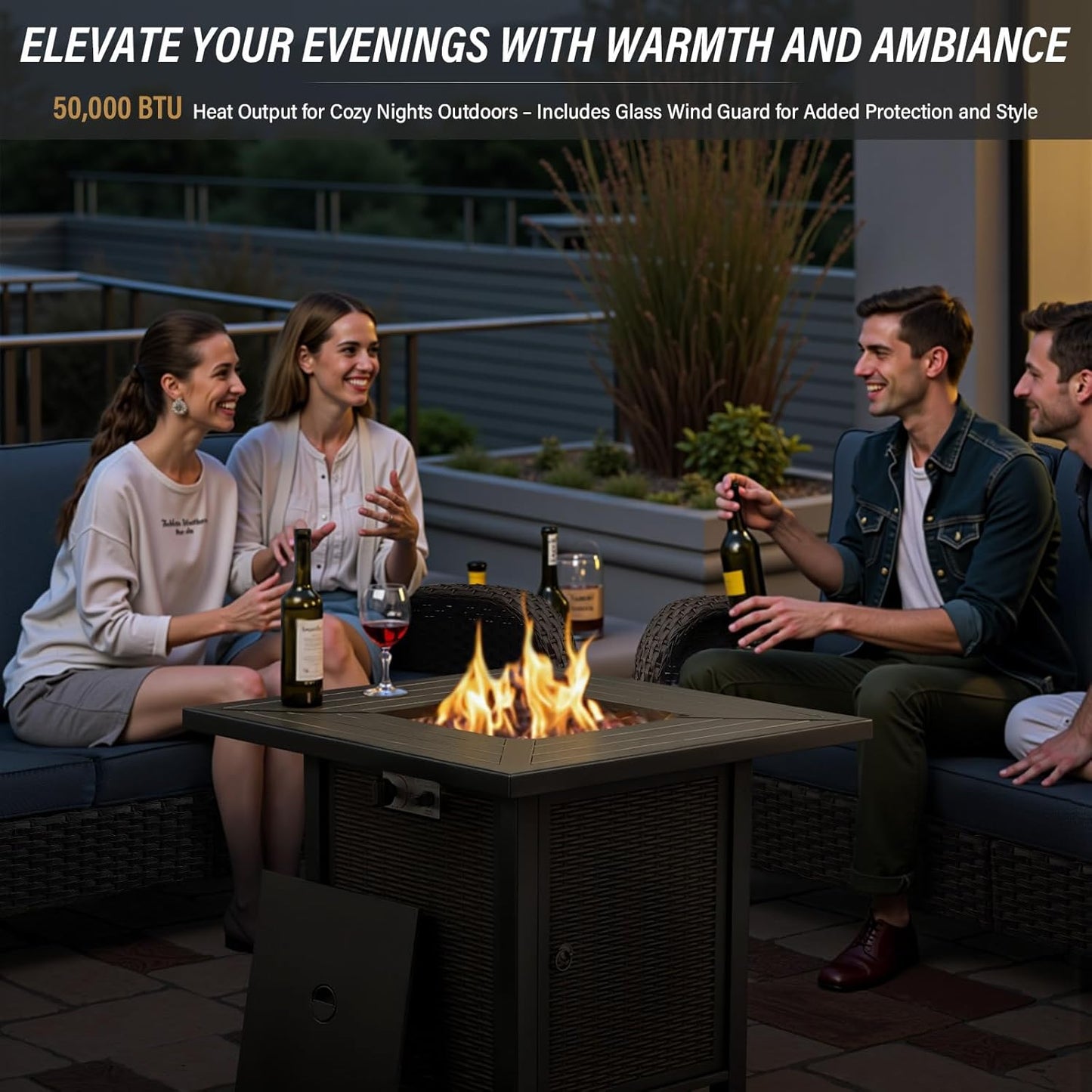 5 Piece Outdoor Patio Furniture Set with 50000 BTU Propane Fire Pit Table, Deep Seating Wicker Swivel Rocker Chairs and Loveseat Glider Patio Conversation Set for Poolside Deck Backyard