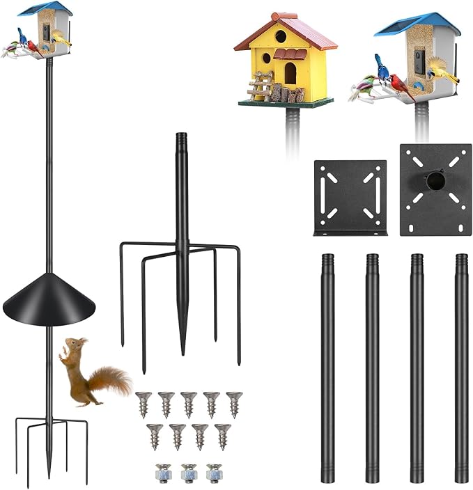 Smart Bird Feeder Pole Stand 79In,Adjustable Height Metal Bird House Pole for Outdoor Garden with Multiple Mounting Options (Black, Round Squirrel Baffle - High 79in)