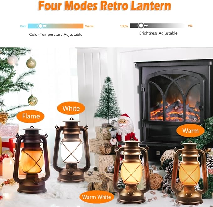 Lantern LED Battery Powered Camping Lamp Outdoor Hanging Lantern Flickering Flame Rechargeable Retro Lanterns Remote Control 4 Modes Light Non-Solar 2 Pack