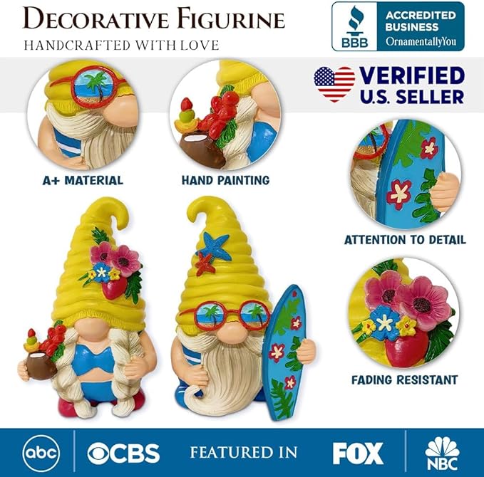 Spring & Summer-Themed Garden Statues – Adorable Outdoor Decor for Lawn, Patio & Porch (Tropical Beach Gnome Duo Figurine Set, Cute 6" Summer Decoration Garden Statue)