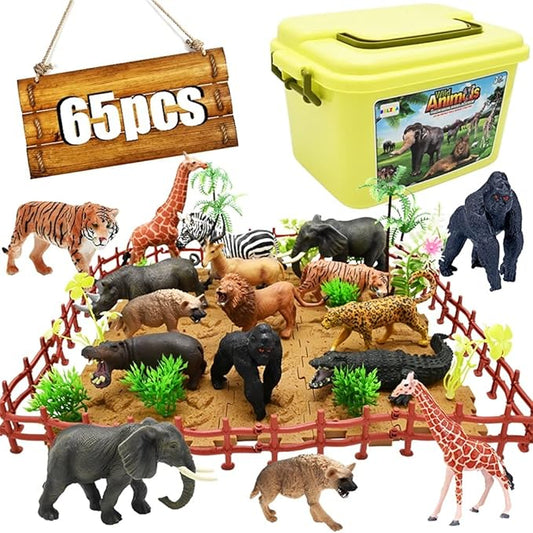 65PCS Safari Animals Figures Toys, Realistic Plastic Jungle Zoo Wild Animals with Fence Building Blocks Storage Box Christmas Birthday Gift for Kids 3-8