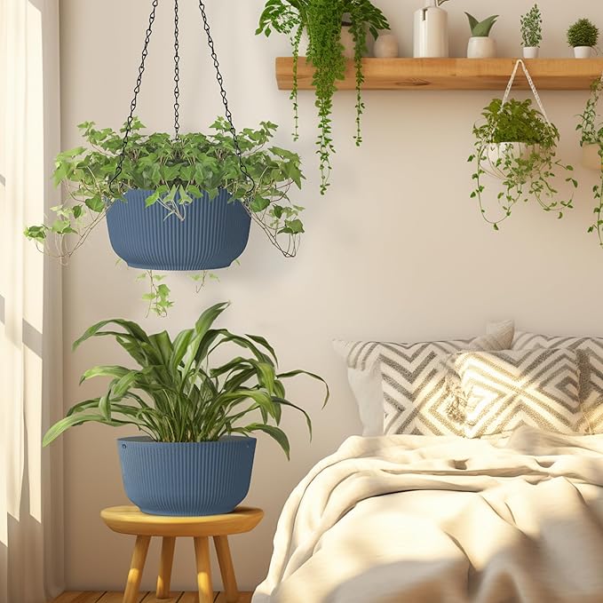 T4U 8 Inch Hanging Planters for Indoor Outdoor Plants, Self Watering Hanging Pot Pack of 2, Hanging Pots with Drainage Hole & Plug & Chain with 3 Hooks for Garden Home Decor, Blue