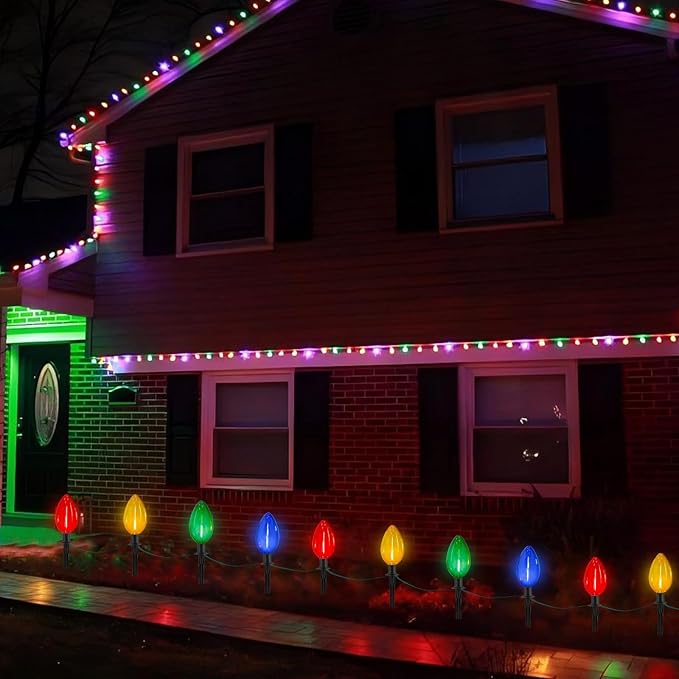Jumbo C9 Christmas Pathway Lights Outdoor - 2 Pack Total 14 FT 8 LED C9 Giant Clear Multicolor Christmas Walkway Lights for Lawn Holiday Yard Garden Driveway Xmas Decorations