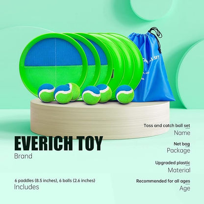 EVERICH Upgraded Toss and Catch Ball Game Set - Indoor and Outdoor Games for Kids 3-12, Beach Sand Pool Water Toy Includes 6 Paddles 6 Sticky Balls, Great Birthday Easter Gifts for Boys Girls