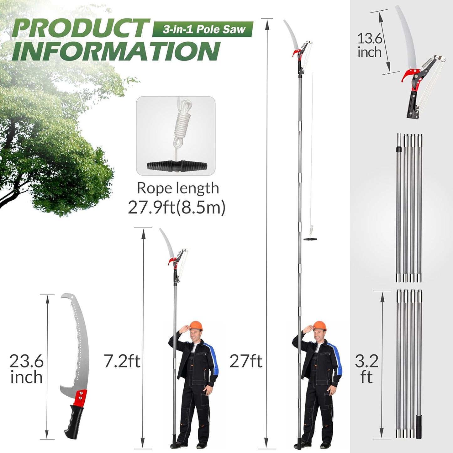 Walensee Pole Saws for Tree Trimming,7.2-27FT Extendable Tree Pruner,Manual Branch Timmer with Blade and Scissors High Branches Pruning Fiberglass Pole Pruner and Cutter Garden Tool with Storage Bag