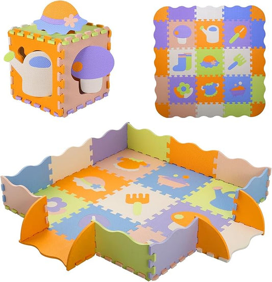 Coolcandy Baby Play Mat, 25Pcs Interlocking Puzzle Floor Mat, with Safety Fence - 0.4" Thick Non-Toxic EVA Foam Play Mat, for Infants & Toddlers 3-36 Months, Soft Puzzle Tiles for Play Areas