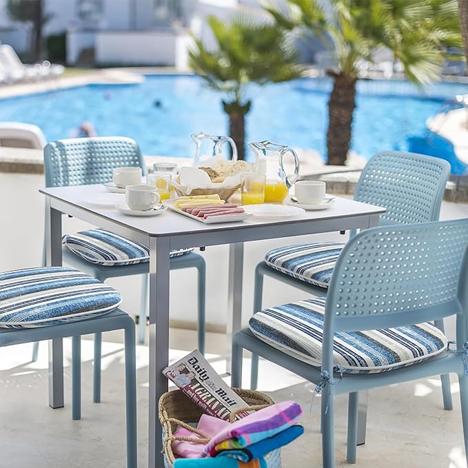 Indoor/Outdoor Chair Cushions 16x17 Inch, Patio Chair Cushions with Ties, All Weather Seat Cushions for Patio Furniture Home Garden Chair Use, Set of 4, Stripe Layered Blue